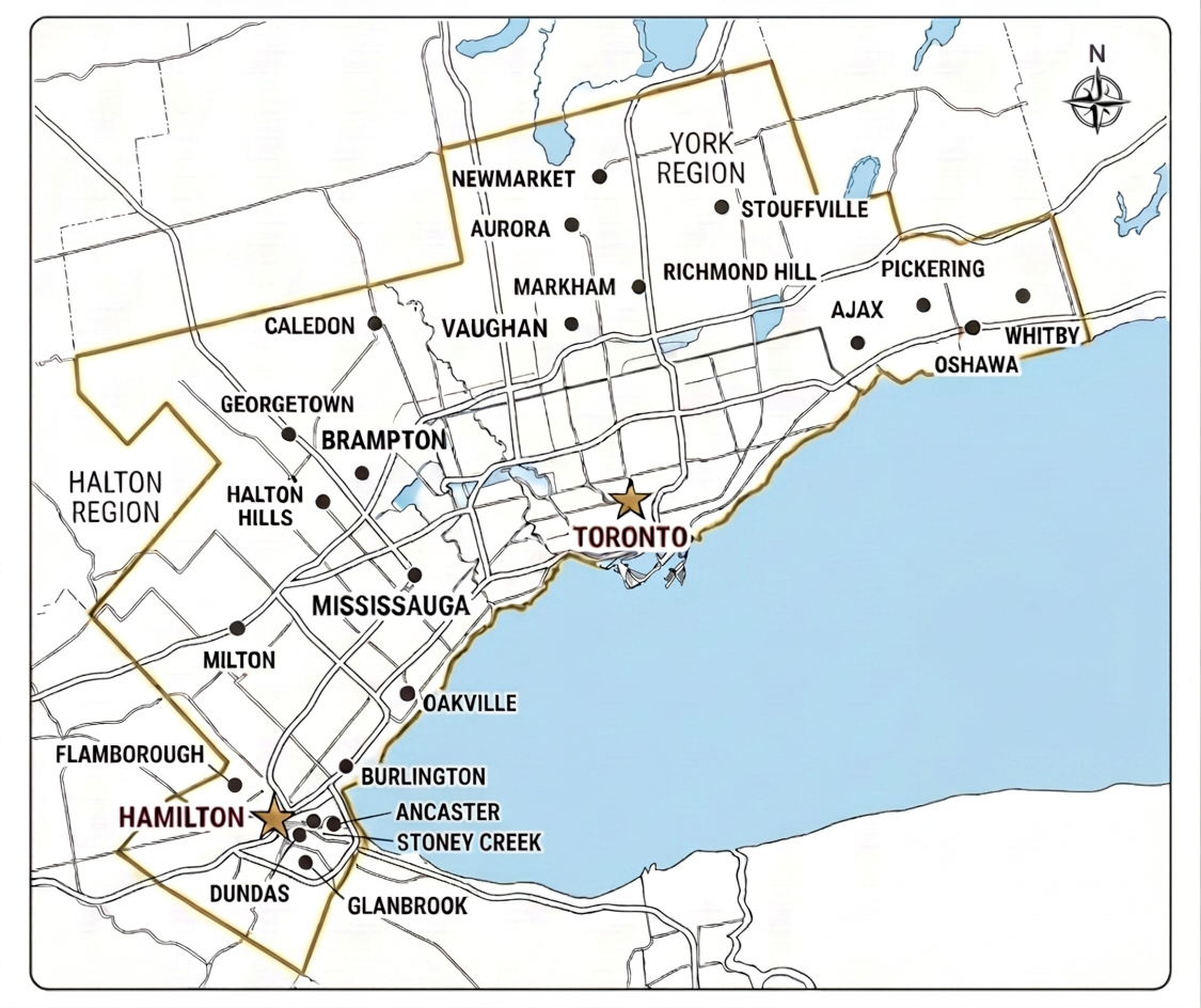 Service Area Map: Greater Toronto Area (GTA) and Hamilton; GTA Services coverage includes Toronto, Hamilton, Mississauga, Brampton, Vaughan, Markham, Durham, Halton, York, and Niagara.